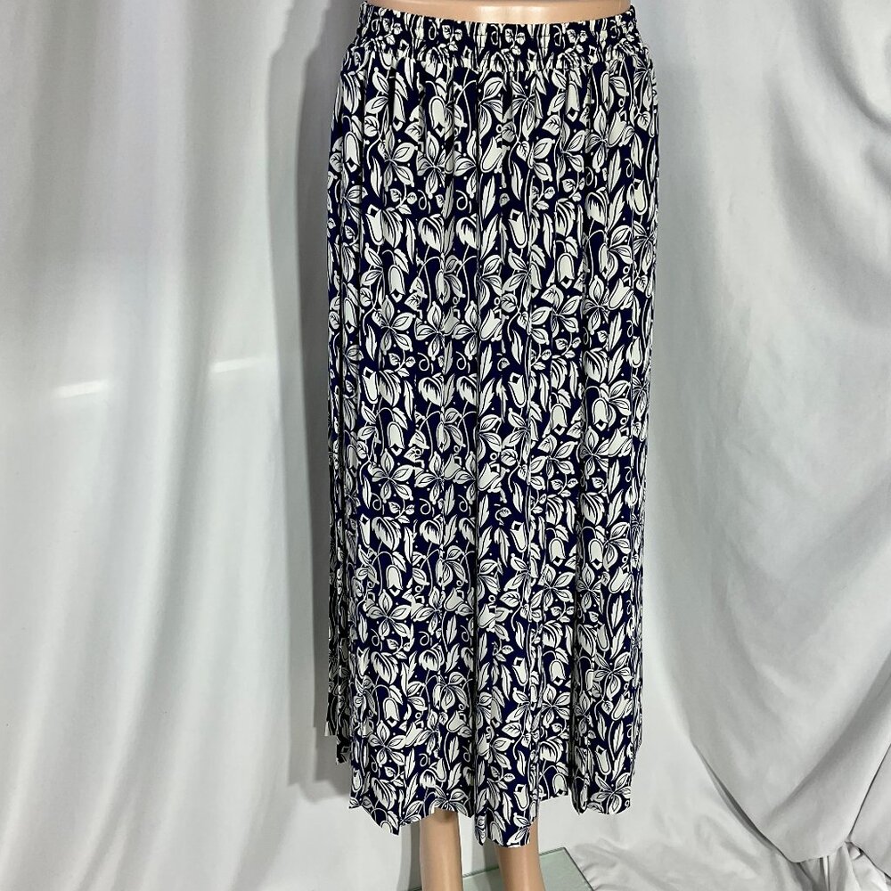 Blue and White Sz Small Floral Pleated Midi Skirt Womens Gathered